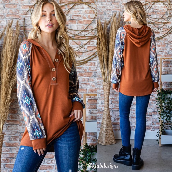NEW! V Neck Button Detail Burnt Orange Aztec Contrast Hoodie! - Picture 6 of 9